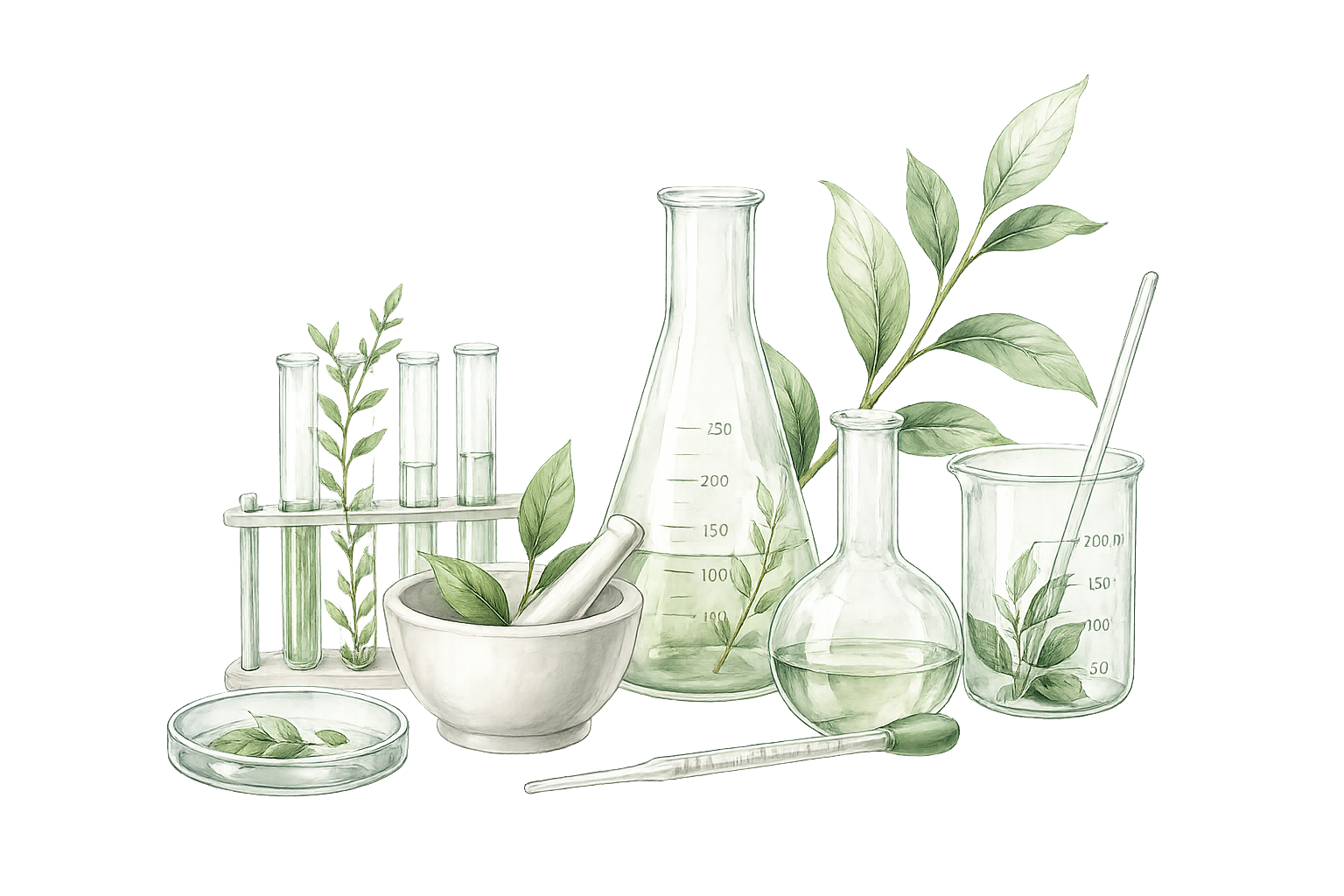 Laboratory glassware with green botanical elements — nature and science together
